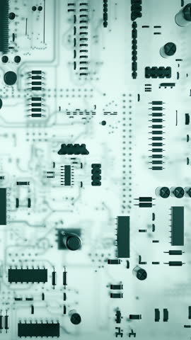 Black motherboard with glowing traces and components under cool blue light with technical details highlighted in tracking shot, for tech promo footage