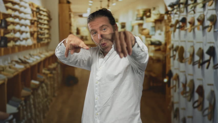 Man pointing fingers at shoes on wooden display shelves in a commercial building aisle under warm lighting; confidence.