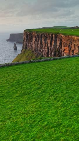 Vertical shot. Flying over green grass near the edge of Cliff of Moher - one of the most popular tourist destinations in Ireland. Aerial breathtaking cliffs of Moher in Ireland, County Clare