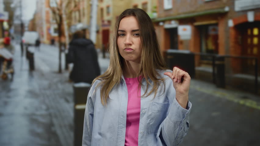 Woman outdoors making a watchful gesture on a city street, expressing vigilance and attention, with a blurred background suggesting urban life and dynamic surroundings.