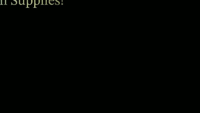 Text "Stock Up on Supplies!" slides in and out horizontally on a black background with light green color. Simple and clean animated message over 5 seconds.
