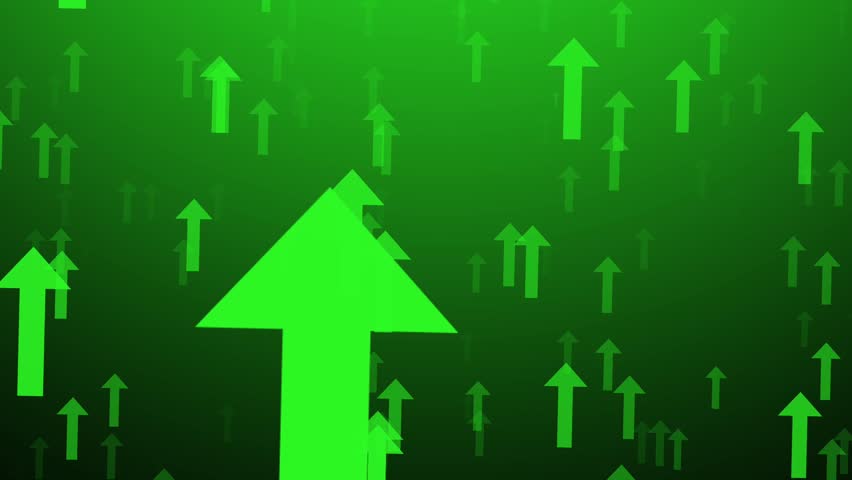 Green arrows moving up in a seamless loop. Animated background for videos on financial success, stock market growth, economic boom, or business profit. Abstract motion graphic with a positive trend.