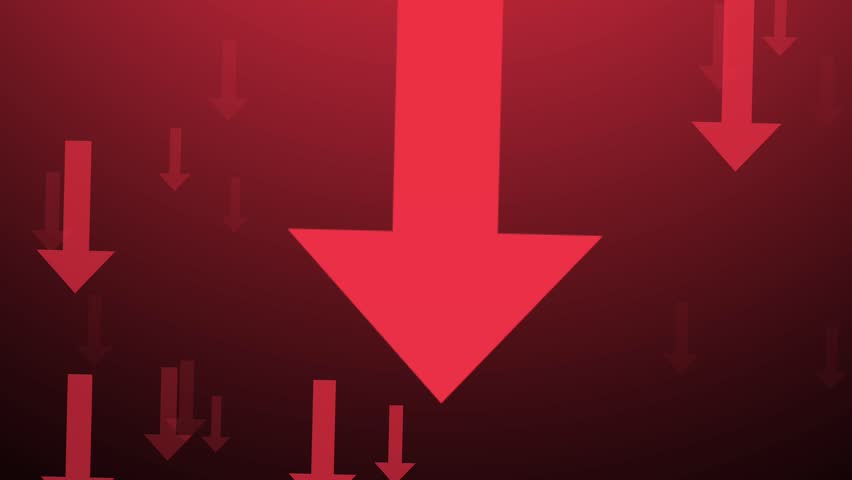 Red arrows moving down in a seamless loop. Animated background for videos on financial crisis, stock market crash, economic decline, or business loss. Abstract motion graphic with a negative trend.