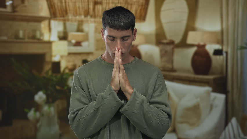 Young hispanic man with eyes closed and hands pressed together prayer gesture in building living room; serenity.