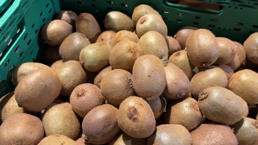 Packed green crate overflows with many kiwi fruits. Fuzzy brown skin exhibits subtle green-gold variations. Plump, oval shapes are densely piled. Bright overhead lighting enhances textures. 