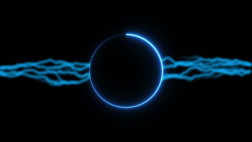 Animation of blue neon circle frame, empty space, ultraviolet light, 80's retro style, fashion show stage, abstract background, Electric arc with lightning striking to the sides, tesla coil