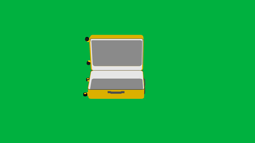 animated empty travel bag yellow luggage open and close. animation footage video isolated on green alpha channel(transparent) background.