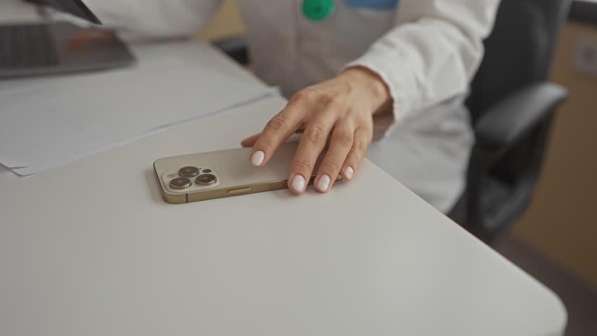 Young hispanic female doctor examines x-ray while speaking on phone in clinic office with stethoscope and laptop nearby in bright indoor setting