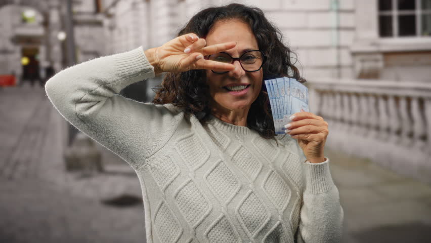 Middle-aged woman in city street holds malaysian ringgit banknotes, making peace gesture before camera, wearing glasses and sweater, smiling confidently outdoors in urban setting.