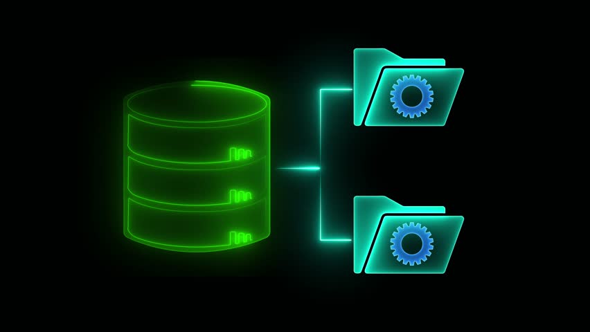 Document Management concept on the transparent background. Motion graphics of Database icon with two folders on virtual screen. 4k video animation.