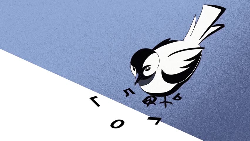hand drawn animation bird white blue background morphing into letter K