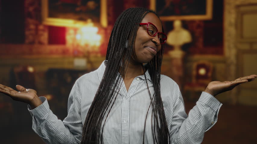 Woman smiling with outstretched arms at indoor museum setting, highlighting her glasses and braided hair against an elegant gallery background.