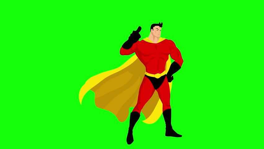 Superhero Giving Thumbs Up. Green screen animation of hero in red suit and yellow cape.