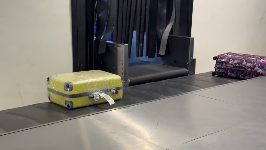 Luggage moves steadily on the carousel as travelers eagerly await their suitcases at the arrival terminal.