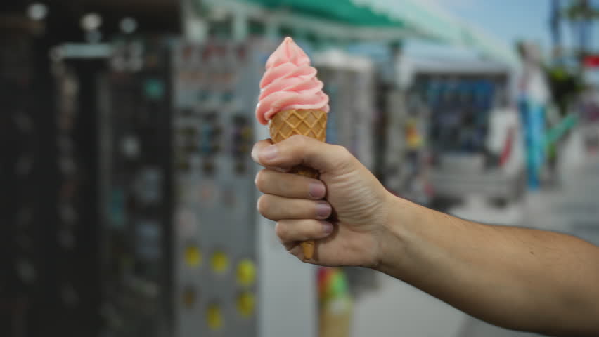 Man holding ice cream cone in outdoor market setting with blurred stalls in background suggesting a bustling street environment.