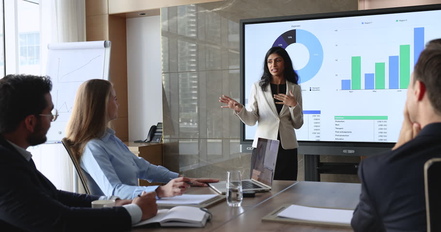 Young Indian business product owner woman discussing analytics, marketing research result with team, presenting sales financial infographics on large wall TV screen, talking to colleagues