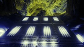 POV Run through futuristic spaceship corridor into nebula. 3d animation of running through a spaceship corridor into outer space. Cinematic POV in Sci-Fi ship ending in nebula dive - Powered by Shutterstock - Get 15% off with code: PIKWIZARD15