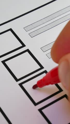 Voter marks box with red marker next to candidate on paper ballot. Democratic elections background. Electoral process ensures fair representation. Secure voting system guarantees democratic engagement