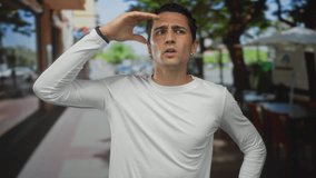 Man wearing smartwatch raising hand to forehead and squinting under bright sunlight on street; concern. - Powered by Shutterstock - Get 15% off with code: PIKWIZARD15