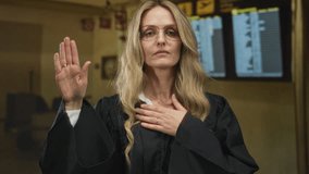 Judge in uniform stands indoors at the airport terminal, raising her hand in an oath gesture, blonde hair visible against a blurred background of flight information display. - Powered by Shutterstock - Get 15% off with code: PIKWIZARD15