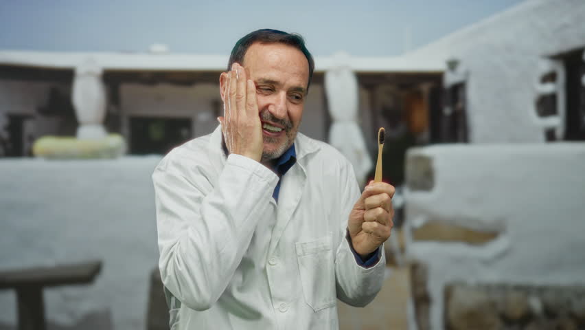 Man smiling while holding toothbrush in hand outdoors,hispanic male in white coat in exterior setting appearing joyful,mature adult enjoying outdoor environment comfortably.