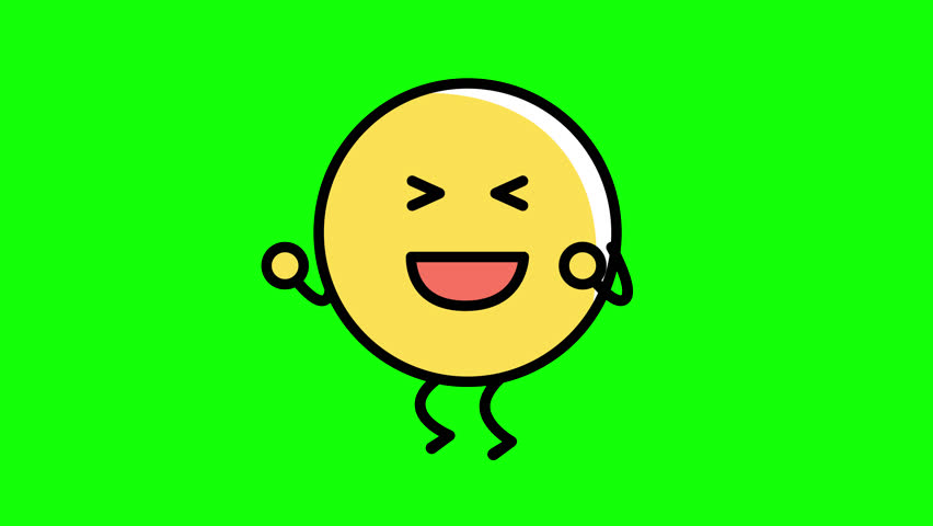 A yellow round face emoji, jumping with laughter, looping video with a green screen.