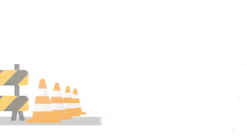 Yellow Road Roller Construction Vehicle with Traffic Cones and Barrier Flat Vector Illustration