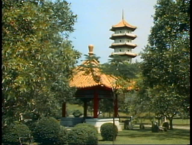 The Chinese Gardens of Singapore with a small temple and a pagoda