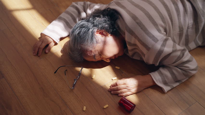 Asian senior woman suffering from heart attack or stroke symptom unconscious on the floor at home. Elderly woman get accident injured falling down and hurt. Older people hospital emergency healthcare.