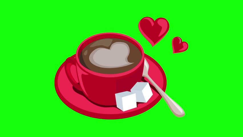 Red coffee cup with heart-shaped foam floating on a red saucer with sugar cubes and spoon, animated on green screen. Romantic love coffee animation – 12 seconds.