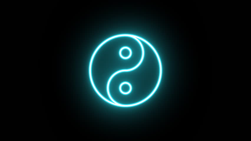 Neon Yin Yang sign, uniform rotation with color blink. Glowing neon 3D Yin Yang icon, looped spin with blink. Buddhism philosophy, energy balance, zen harmony, meditation, karma power. 4 colors