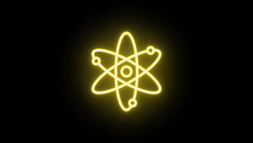 Neon atom icon animation, uniform rotation with color blink. Glowing neon 3D atom model icon, looped spin with blink. Atomic core structure, nuclear energy, science research, education. 4 colors