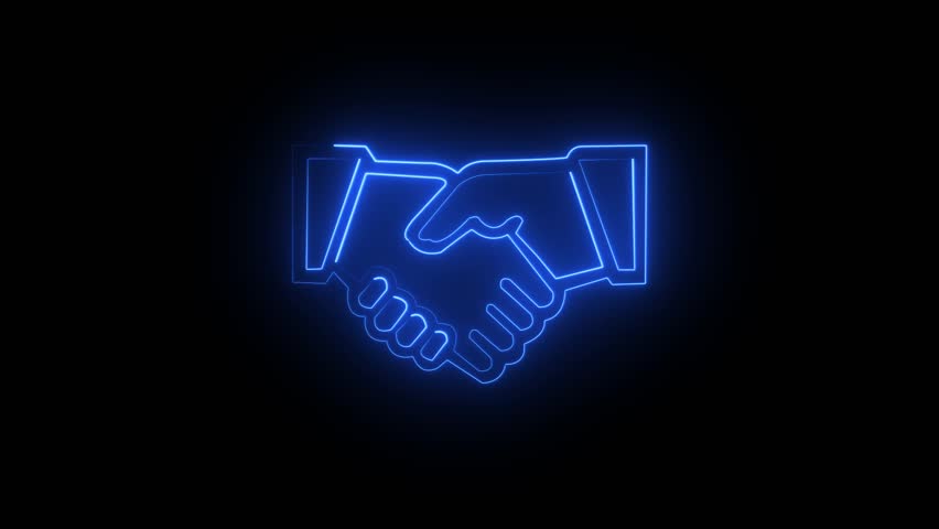 Glowing friendship icon lighting blu handshake concept: vibrant animated symbol video animation on black background
