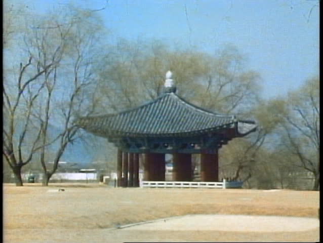 A scene of South Korea near Pusan with a Buddhist Temple