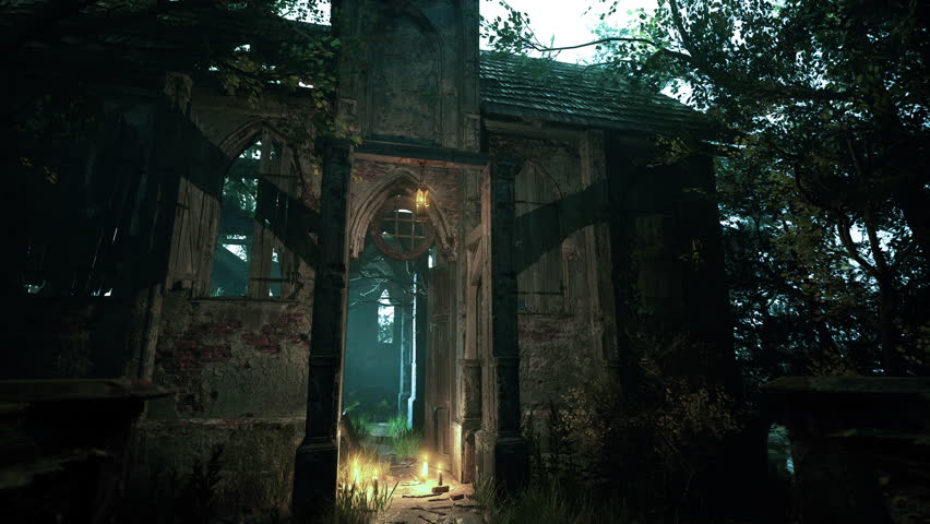 An eerie atmosphere surrounds a decrepit old house in the woods, possibly haunted by spirits of the past.