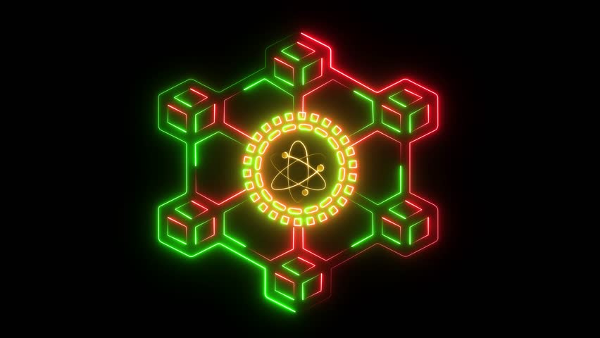Quantum computing, innovation concept for global network, advancement and exploration. Glowing neon line animated quantum computing icon. technology transaction concept for data network connect.