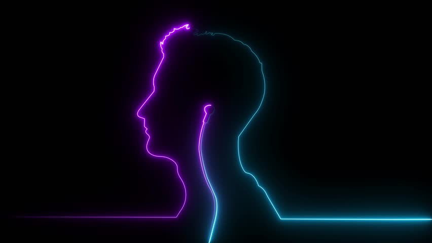 Man in headphones. Listen to music sound recording favourite song playlist. hobby wearing headphones blue color neon video. Man with a headphones icon .One line drawing animation technology logo.