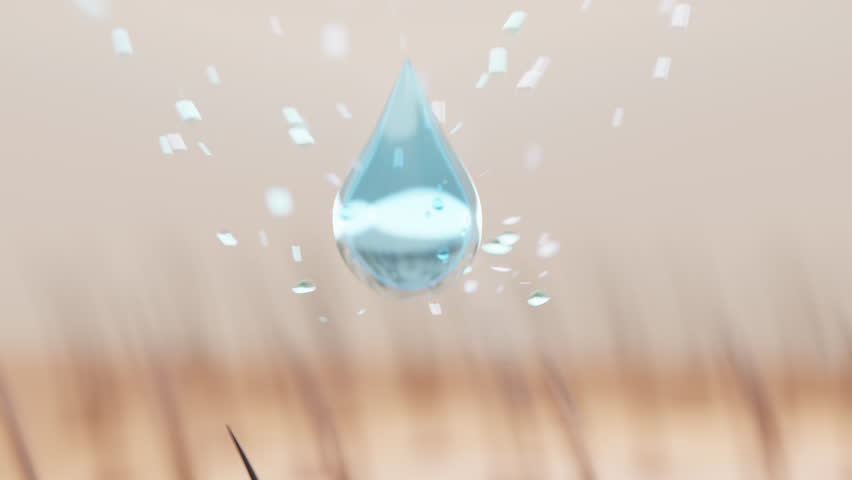 3D animation showing hair serum drop absorbing into hair roots, perfect for scalp treatment, haircare visuals, or cosmetic ads.