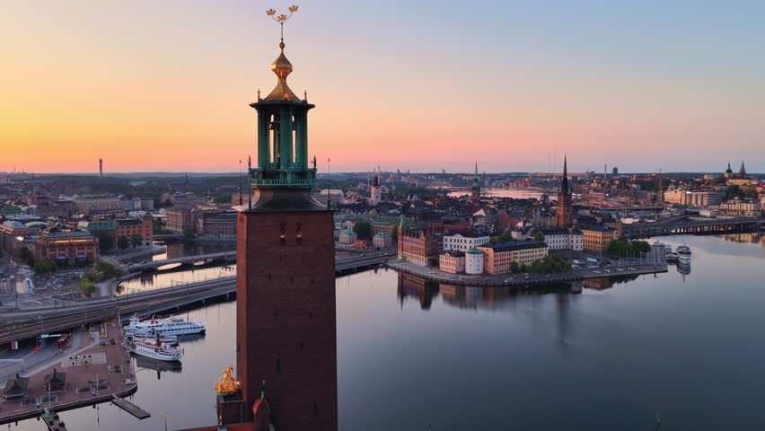 Stockholm at sunrise, Stockholm is the capital of Sweden, Swedish city of Stockholm aerial video, Scandinavian city of Stockholm. High quality 4k footage