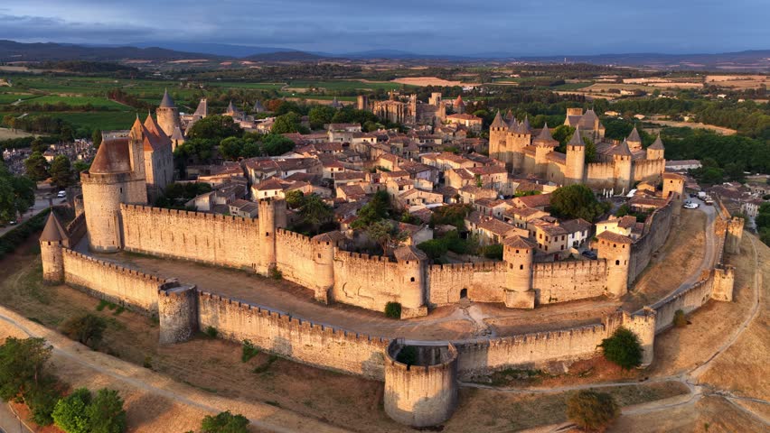 drone view of Carcassonne fortress in the southern France, aerial view of medieval city of Carcassonne, orbiting aerial view of Carcassonne medieval town at sunrise. 