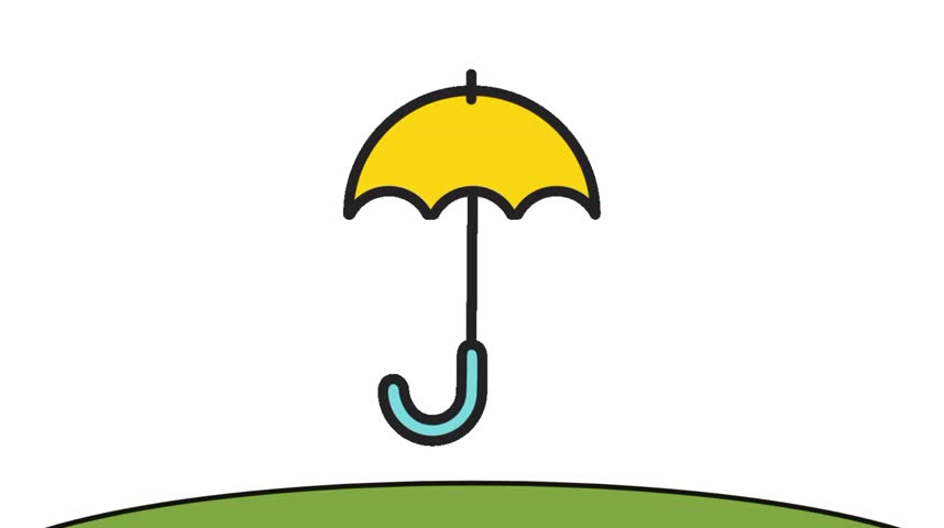 Minimal, simple loop animation of gentle rain falling over a green grass field with a bright yellow umbrella standing upright. Clean white background for easy compositing and multipurpose use.