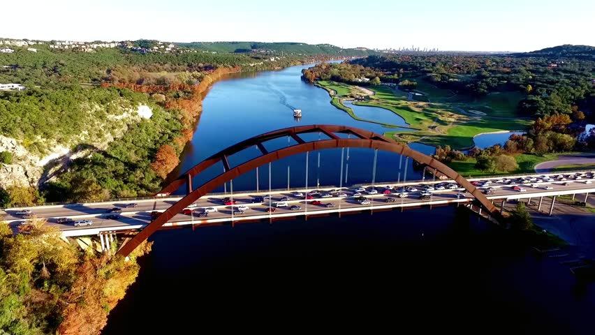 Aerial view of the pennybacker bridge over the colorado river in austin