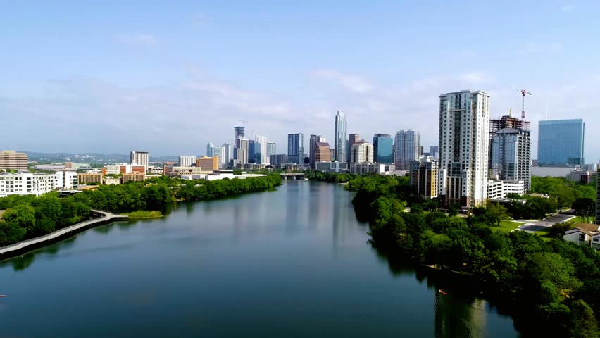 Aerial view of the austin texas skyline over lady bird lake