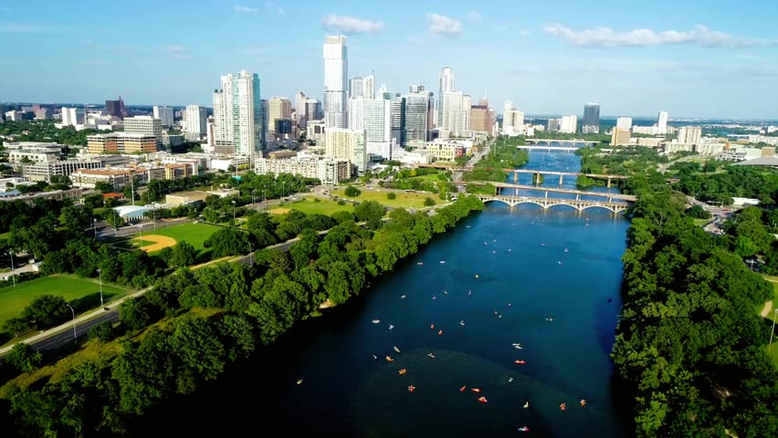 Aerial view of the austin texas skyline over lady bird lake