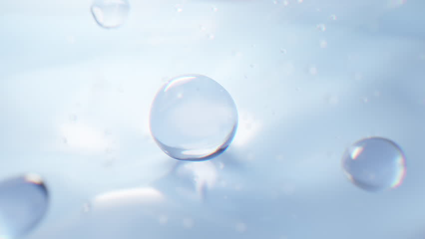 Floating hydration particles combining in soft motion. Ideal for beauty campaigns, hyaluronic acid serum, or wellness branding. 3d animation
