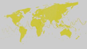 A yellow, pixelated world map is overlaid with a dynamic line graph, symbolizing global finance, economic trends, international business, data analysis, and market fluctuations. - Powered by Shutterstock - Get 15% off with code: PIKWIZARD15