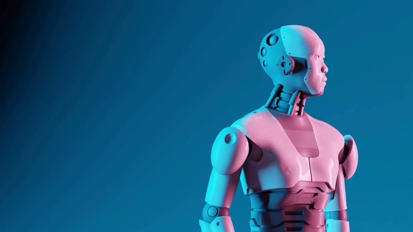 A humanoid robot with a stylized, futuristic design holds out an open hand, bathed in contrasting pink and blue neon light. The video represents artificial intelligence, futuristic technology, and a h