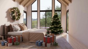 A cozy bedroom decorated for Christmas with a large, festive tree and a pile of gifts at its base. The room features a vaulted ceiling, large windows, and a soft, glowing light trail. - Powered by Shutterstock - Get 15% off with code: PIKWIZARD15