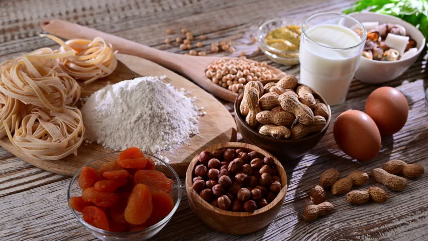 Composition with common food allergens including egg, milk, soya, nuts, fish, seafood, wheat flour, mustard, dried apricots and celery