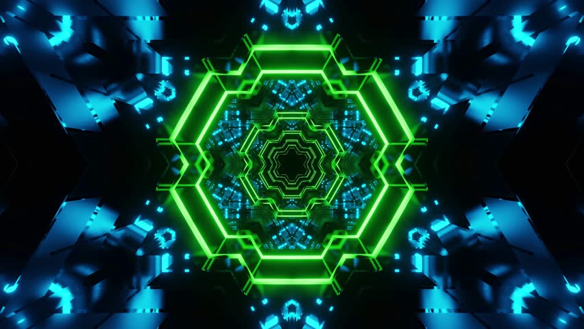 An abstract illustration of futuristic hexagonal structure with glowing green and blue neon symmetry in a digital kaleidoscopic space